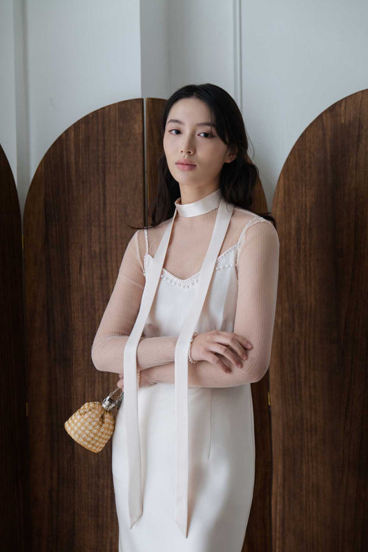 Libre藕粉色珍珠领口蕾丝网纱上衣